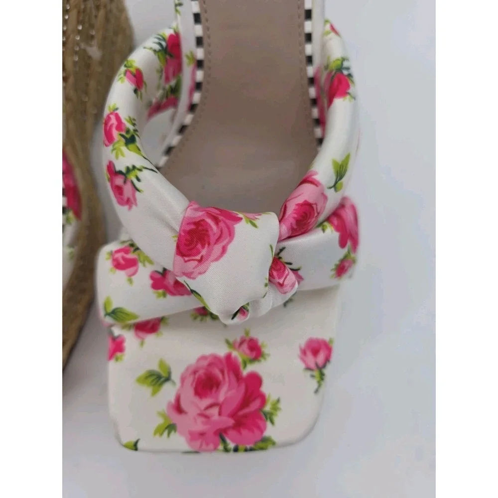 Betsey Johnson Floral Rose Satin Bow Espadrille Wedge Sandals Size 11